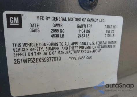 2005 Chevrolet Impala из США, поврежденный, VIN 2G1WF52EX59377679